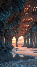 Intricate fractal arches opening onto reflective sunset sea.