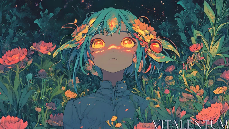 Stargazing flower child glowing softly in a neon garden.