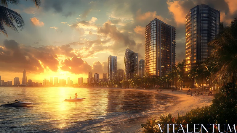 Coastal city skyline with sunset over high rise buildings.