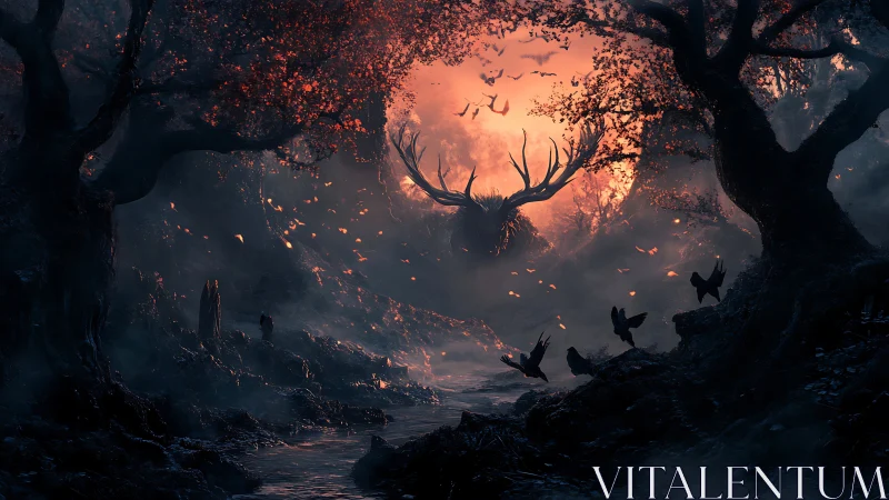 Moonlit antler colossus rises from ember drenched forest mist