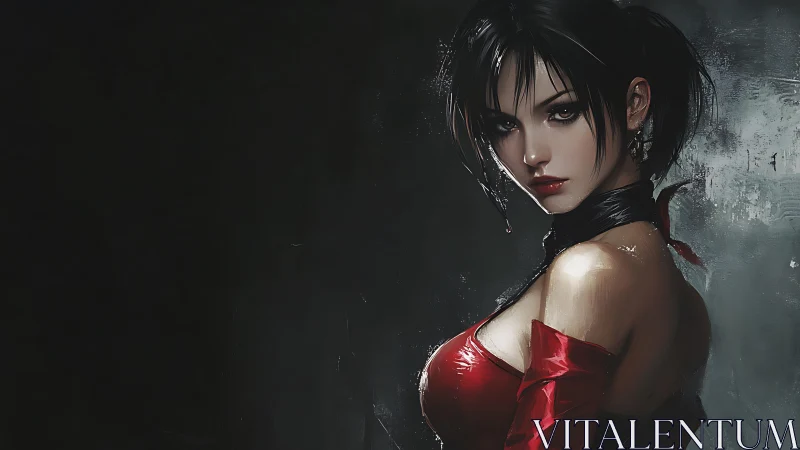 Cinematic digital portrait of dark-haired woman in red latex
