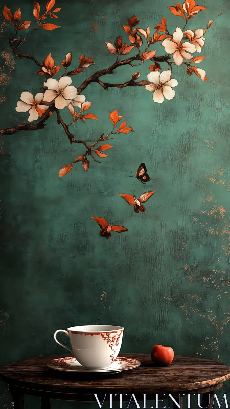 Blossoming branch and teacup create tranquil vignette scene.