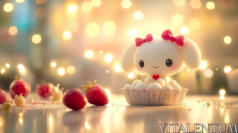 Cherubic Character Nestled in Pastry Vessel Amid Festive Bokeh Lighting