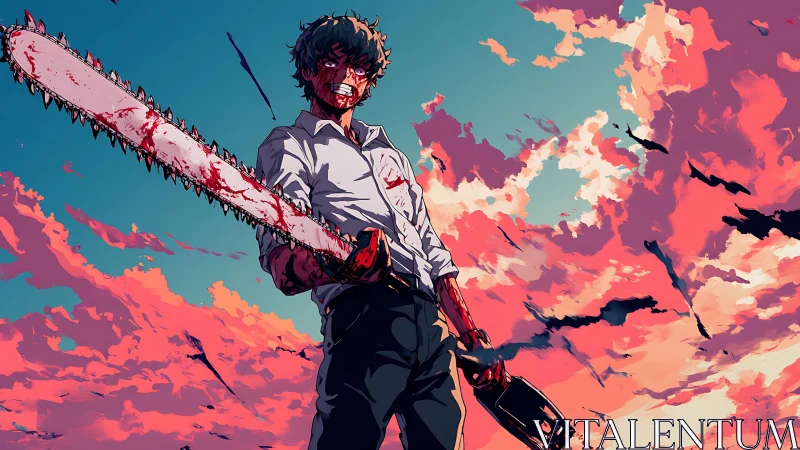 Bloodstained figure with chainsaw under vivid sunset sky.