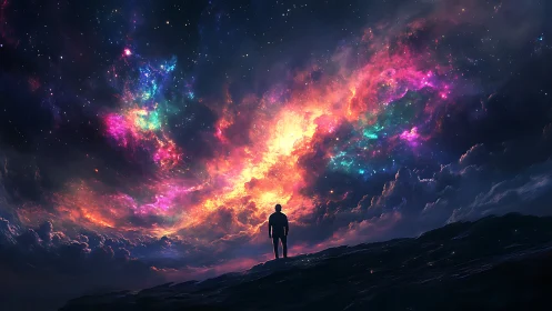 Silhouette under prismatic nebula sky with cinematic cosmic clouds.