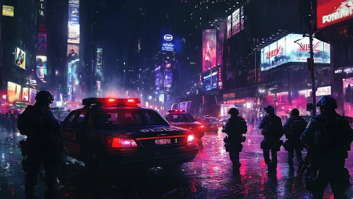 Police patrol in neon city street at night during rain.