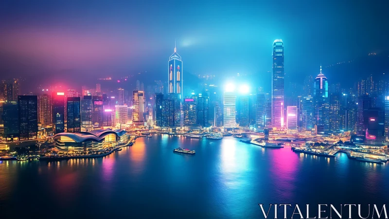 Neon harbor skyline reflects vibrant futuristic city lights.