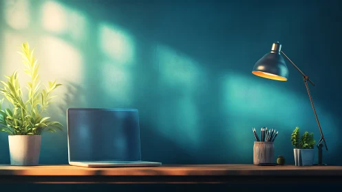 Minimal desk with laptop, potted plants, and task lamp.