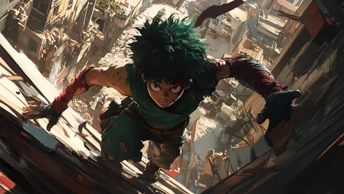 Green-haired fighter scaling urban ruins in dynamic view.
