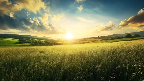 Sunlit rural field under dramatic sky at golden hour.