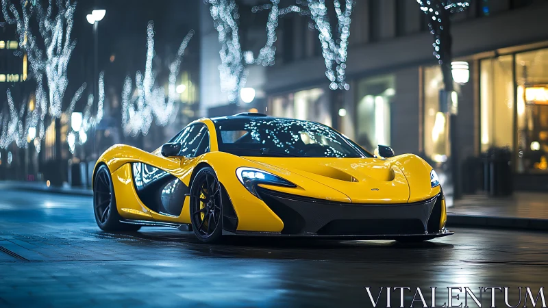 Neon boulevard hunter, yellow hypercar under winter lights.