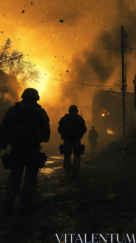 Soldiers advance through burning debris and explosive fire.
