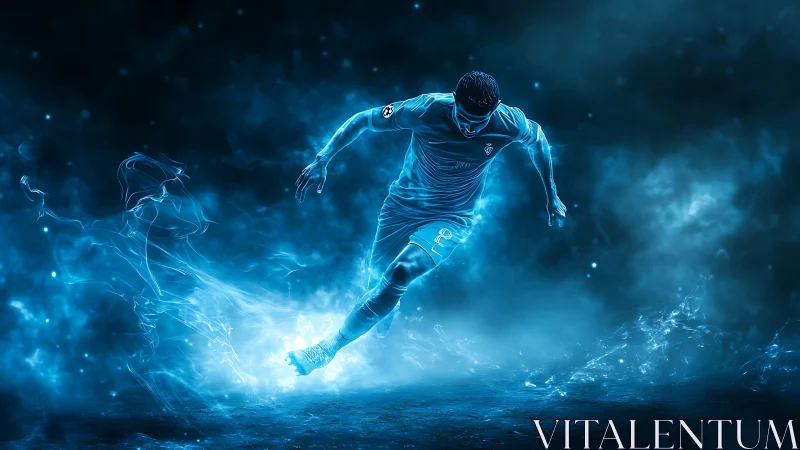 Neon-charged soccer striker sprinting through electric mist.