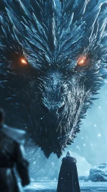 Giant icy dragon confronts cloaked figure in frozen landscape