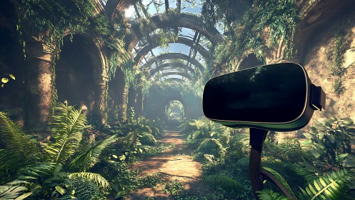 VR headset amid overgrown stone arcade in lush daylight ruin