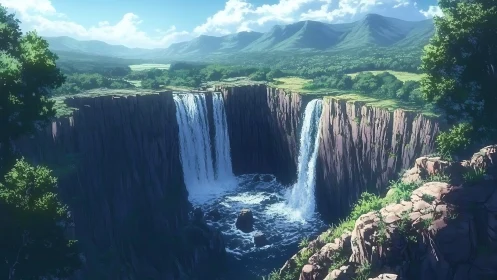 Twin waterfalls plunging into basalt canyon under clear sky.