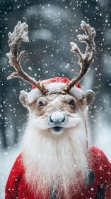 Whimsical reindeer Santa portrait in falling winter snow.