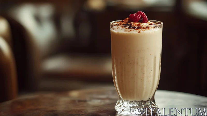 Creamy Beverage with Raspberry Garnish Against Dark Setting.