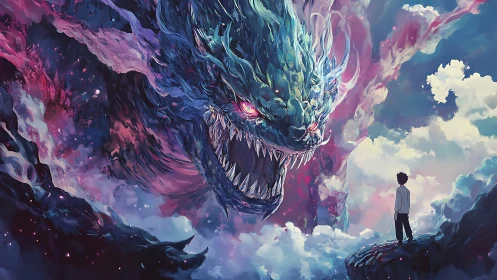 Colossal sky dragon confronts lone boy on cloud cliffs.