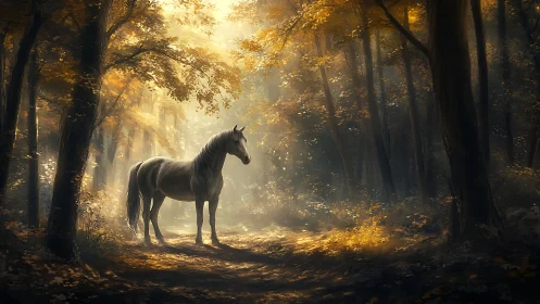 White horse standing in sunlit autumn forest path.