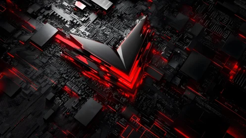 Futuristic 3D Arrow on Circuit Board with Red Neon Glow.