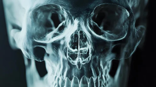 Detailed Human Skull X-ray Close-Up in Dramatic Monochrome Style.