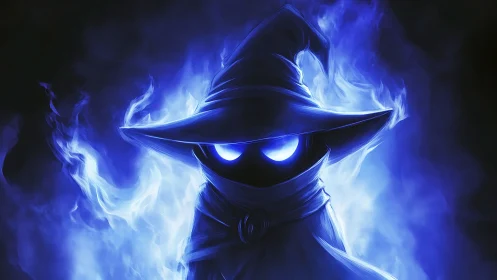 Blue spectral mage with glowing eyes in dark void.