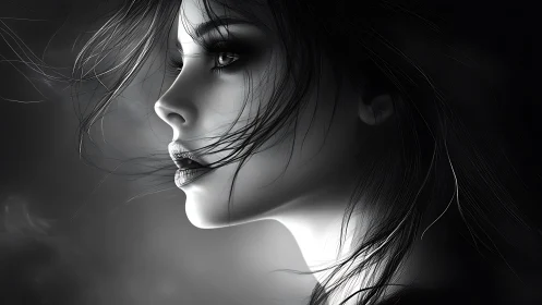Monochrome profile portrait of a woman in drifting light.