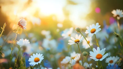 Daisy wildflowers in soft backlit meadow at sunrise.