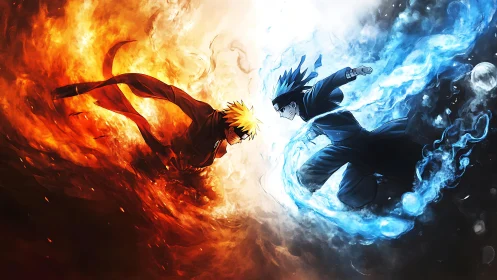 Opposing anime figures in red and blue elemental fields.