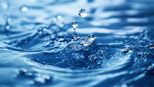 Gentle blue water ripples rise playfully around a falling drop