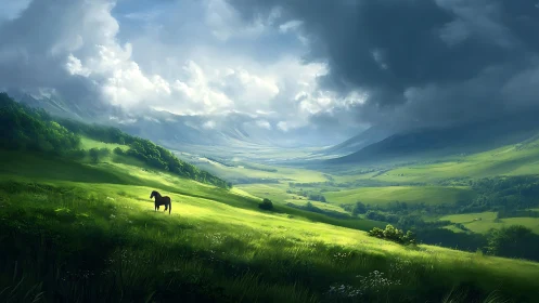 Solitary horse grazes under dramatic light across green valley