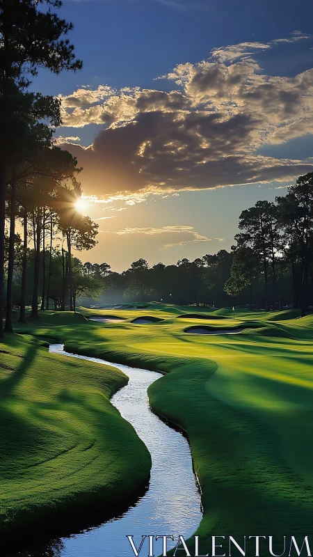 Sunlit golf course fairway curves along narrow reflective creek