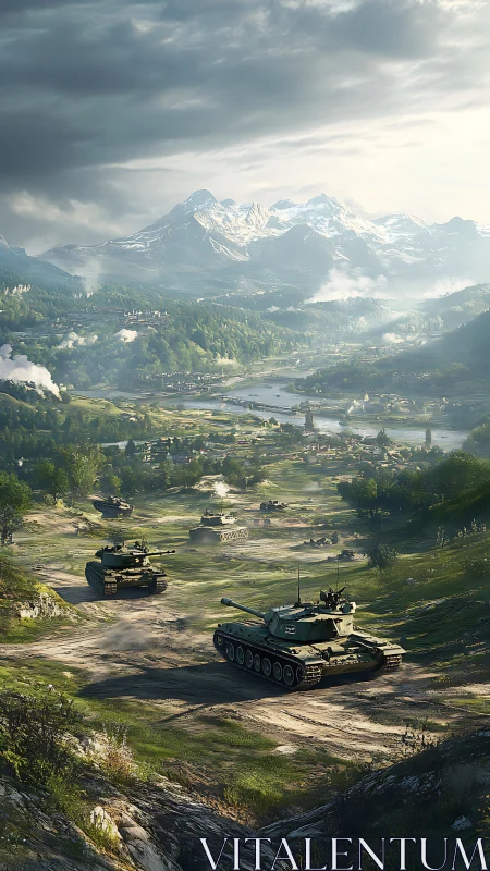 Steel convoy beneath brooding alpine thunderheads.