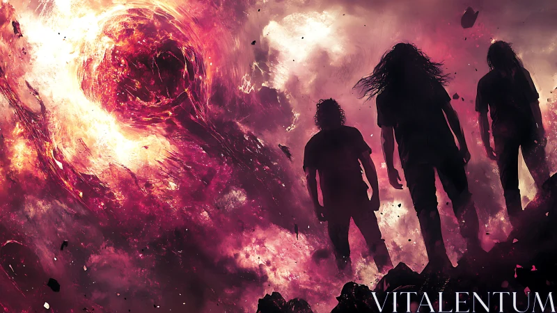 Metal silhouettes before cosmic fire vortex stormscape.