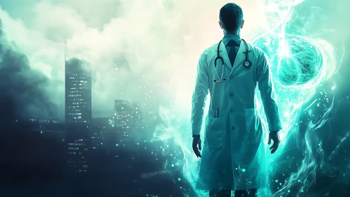 Backlit medical researcher confronts luminous bioenergy vortex field