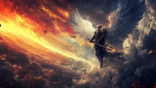 Armored seraph descends through burning storm clouds
