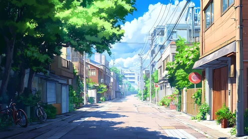 Sunlit urban residential street extends toward central vanishing point