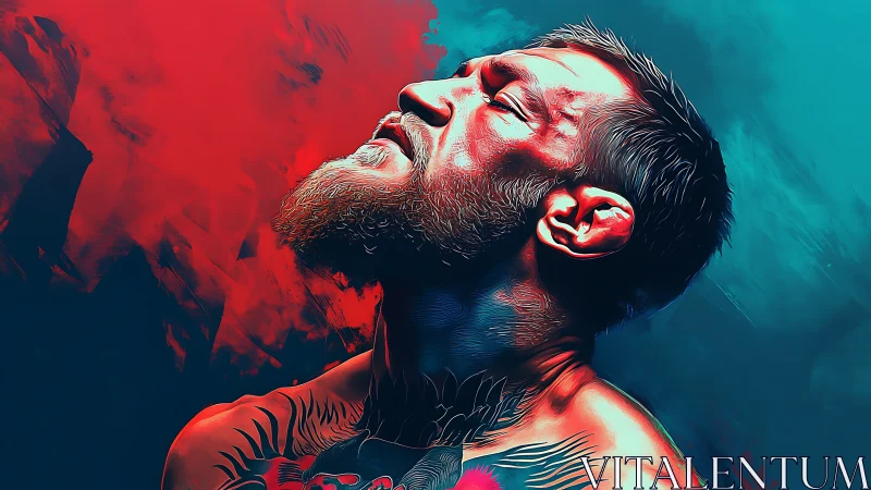 Tattooed warrior exhaling courage in neon stormlight.