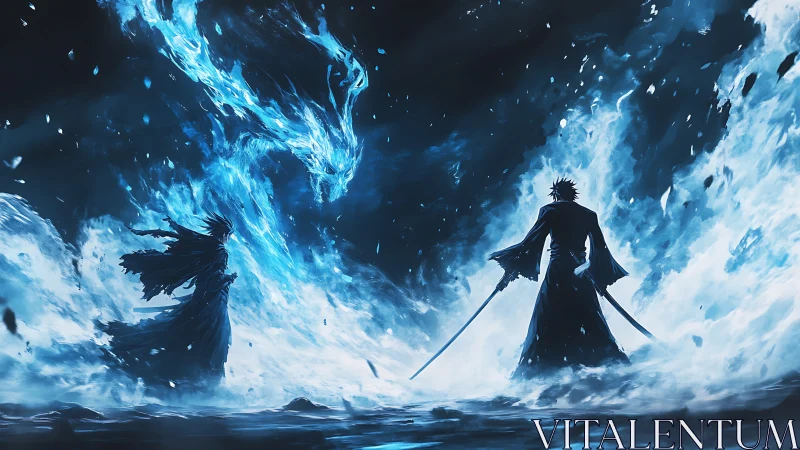 Dual sword warriors amid spectral blue flame dragon vortex