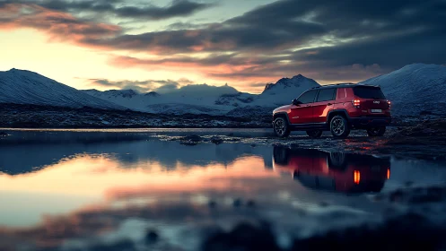 Red SUV parked by mountain lake under dramatic sunset sky.