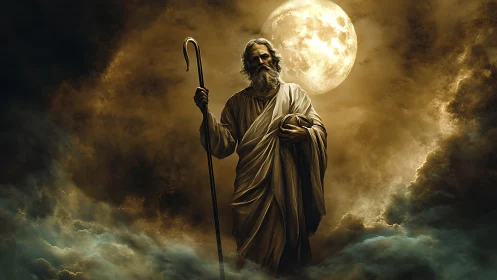 Elderly robed shepherd stands beneath a luminous full moon