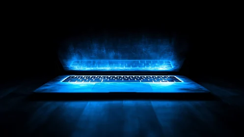 Glowing laptop keyboard under half-closed lid in dark space.