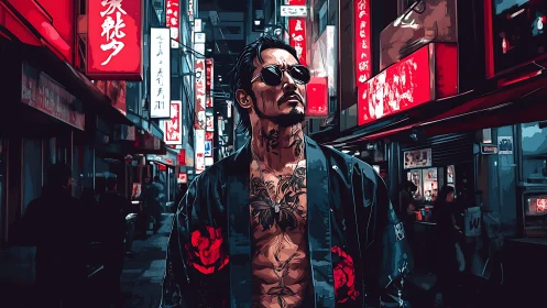 Tattooed nightwalker in neon-saturated urban corridor study.