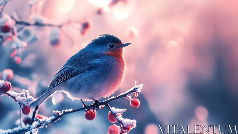Winter robin on frosty branch in soft pastel light, dreamy style.