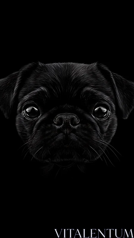 High-contrast black pug portrait with fine specular fur rendering