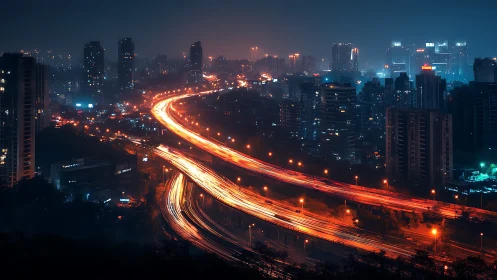 Curved elevated highway cuts through dense city at night