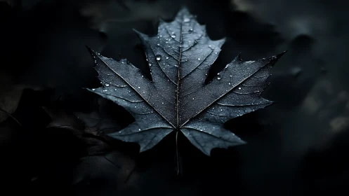 Moody maple leaf macro with dewdrops and low key lighting.