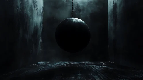 Dark suspended wrecking ball in an empty metal room.