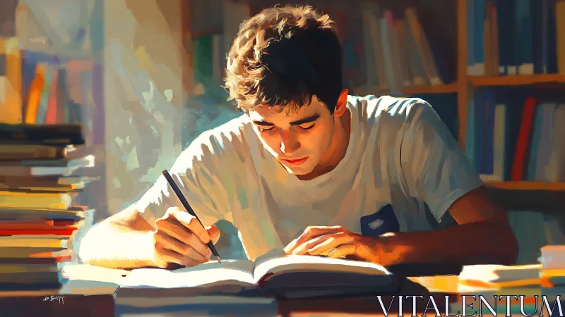 Focused student at desk in warm painterly library light.